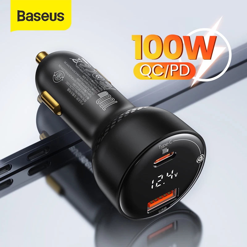 Зарядното устройство за кола Baseus Superme Display Car Charger TZCCZX-01, USB, USB-C, QC, PD, 100W с USB-C кабел